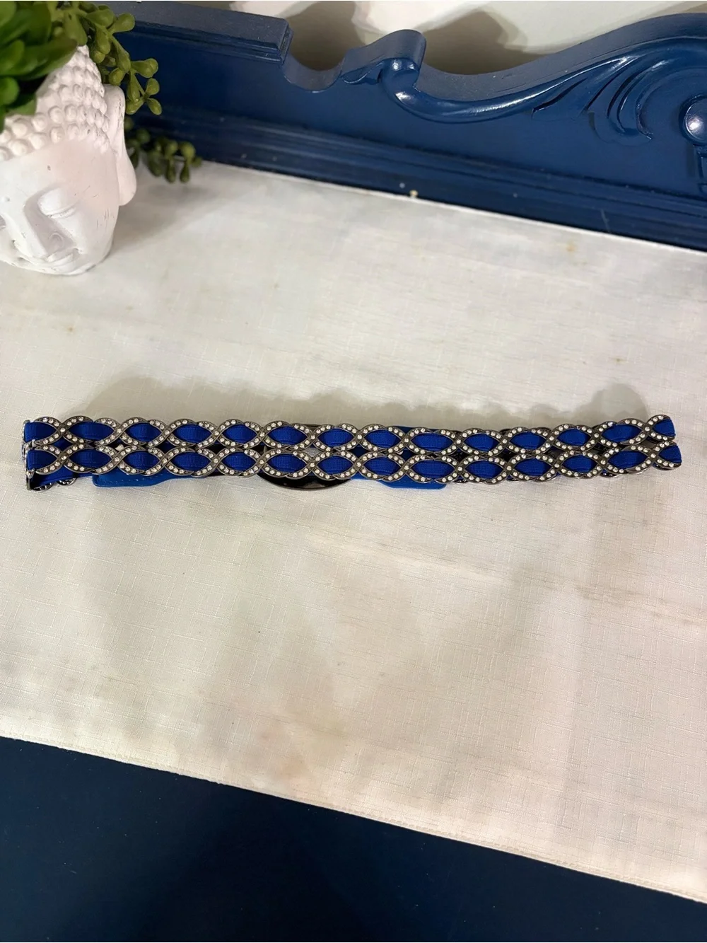 Vintage Y2K Royal Blue Rhinestone Stretch Belt Cinch Fits Up To 40